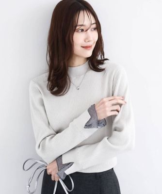 小さいサイズ】千鳥格子柄シフォンレイヤード風ハイゲージニット