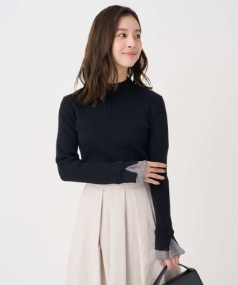 小さいサイズ】千鳥格子柄シフォンレイヤード風ハイゲージニット