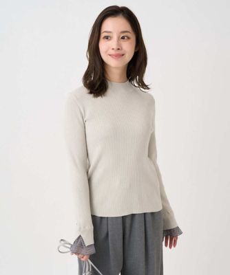 小さいサイズ】千鳥格子柄シフォンレイヤード風ハイゲージニット