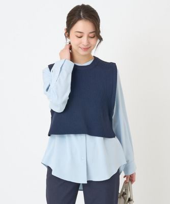 【小さいサイズ】ニットベスト×シャツブラウス ツインセット/洗える 小さいサイズ】ニットベスト×シャツブラウス ツインセット