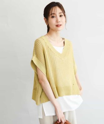 小さいサイズ】［洗濯機で洗える］メッシュ編みニットベスト×タンク