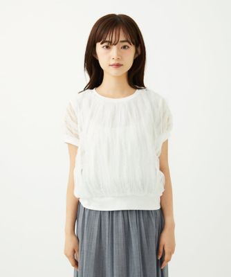 MK ミッシェルクラン（MK MICHEL  ）/【小さいサイズ】チュールテープデザインフレンチスリーブニット/洗える 小さいサイズ】チュールテープデザインフレンチスリーブニット／洗える