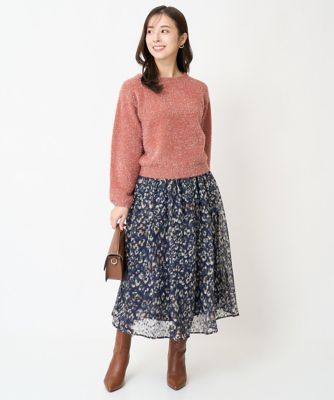 【小さいサイズ】フラワーモチーフプリントシフォンスカート／丈の長さが選べる／セットアップ対応／洗える