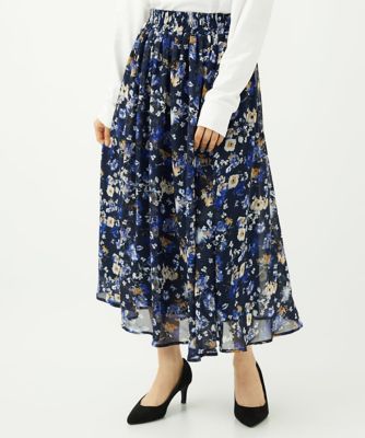 MK MICHEL KLEIN（Women/小さいサイズ）/エムケーミッシェルクラン クラシックフラワープリント シフォンスカート/丈の長さが選べる/洗濯機で洗える/セットアップ対応 57ネイビー 【三越伊勢丹/公式】