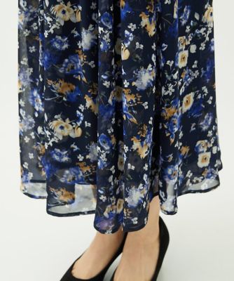 小さいサイズ】クラシックフラワープリント シフォンスカート／丈の長