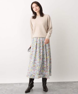 【小さいサイズ】中花プリントシフォンスカート／丈の長さが選べる／洗える