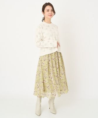 【小さいサイズ】ラインアートフラワーシフォンスカート／丈の長さが選べる／洗える