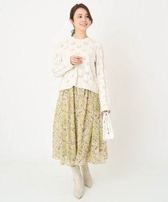 【小さいサイズ】ラインアートフラワーシフォンスカート／丈の長さが選べる／洗える