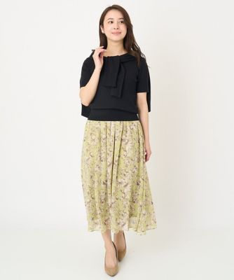 【小さいサイズ】ラインアートフラワーシフォンスカート／丈の長さが選べる／洗える