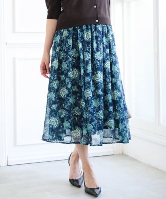 小さいサイズ】更紗プリント花柄シフォンスカート／丈の長さが選べる