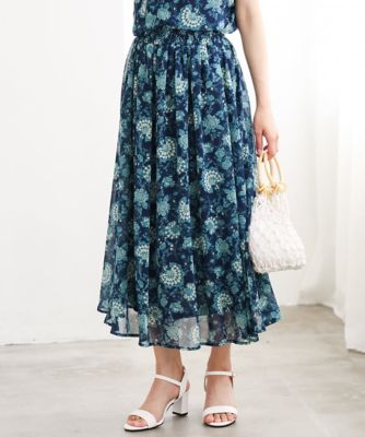 小さいサイズ】更紗プリント花柄シフォンスカート／丈の長さが選べる