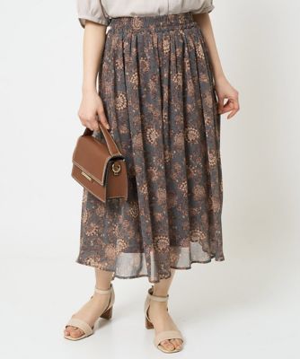 【小さいサイズ】更紗プリント花柄シフォンスカート／丈の長さが選べる／洗える／セットアップ対応