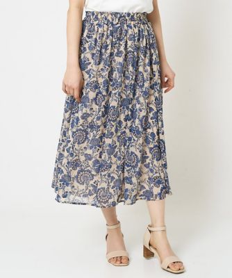【小さいサイズ】更紗プリント花柄シフォンスカート／丈の長さが選べる／洗える／セットアップ対応