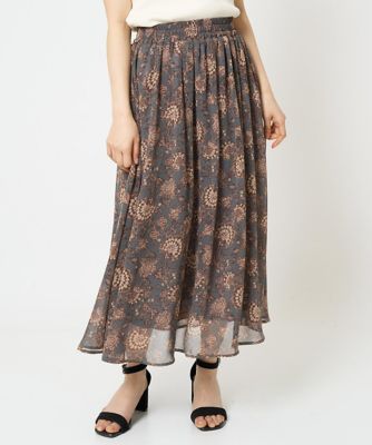 【小さいサイズ】更紗プリント花柄シフォンスカート／丈の長さが選べる／洗える／セットアップ対応