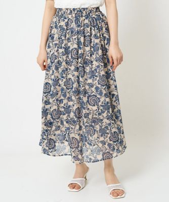 【小さいサイズ】更紗プリント花柄シフォンスカート／丈の長さが選べる／洗える／セットアップ対応