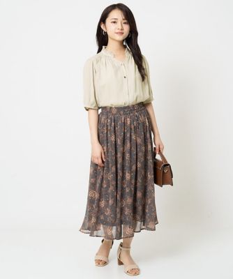 【小さいサイズ】更紗プリント花柄シフォンスカート／丈の長さが選べる／洗える／セットアップ対応