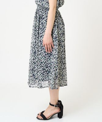 小さいサイズ】小花柄シフォンフレアスカート／丈の長さが選べる