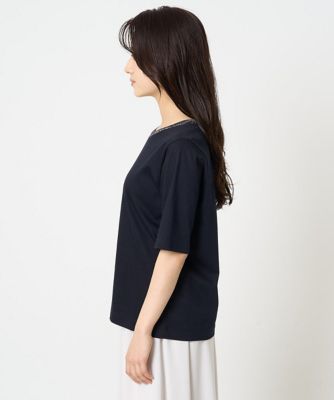 小さいサイズ】ラメ入りネックデザインTシャツ／接触冷感