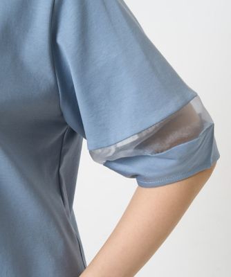 【小さいサイズ】シアー切替えランタンスリーブカットソー／接触冷感／洗える