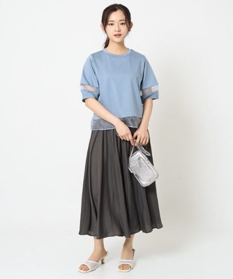 【小さいサイズ】シアー切替えランタンスリーブカットソー／接触冷感／洗える