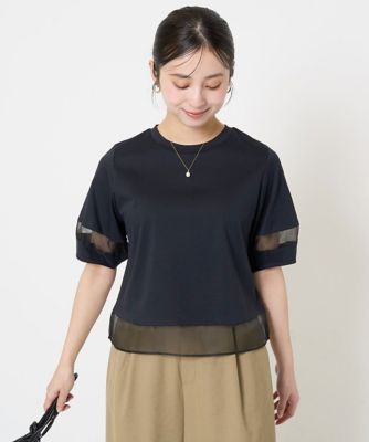 MK MICHEL KLEIN（Women/小さいサイズ）/エムケーミッシェルクラン 【小さいサイズ】シアー切替えランタンスリーブカットソー／接触冷感／洗える
