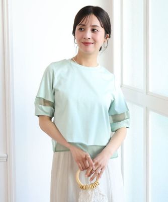 小さいサイズ】［洗える］シアー切替えランタンスリーブカットソー
