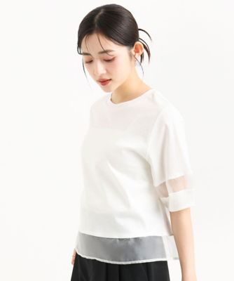 【小さいサイズ】［洗える］シアー切替えランタンスリーブカットソー