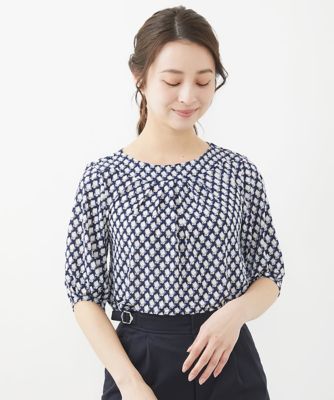 ＜MK MICHEL KLEIN（Women/小さいサイズ）＞【小さいサイズ】幾何柄ボートネック五分袖トップス／洗える