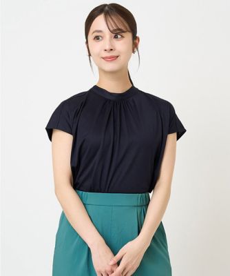 【小さいサイズ】バックパール調釦デザインスタンドネックカットソー／洗える