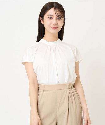 【小さいサイズ】バックパール調釦デザインスタンドネックカットソー／洗える