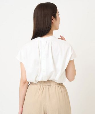 【小さいサイズ】バックパール調釦デザインスタンドネックカットソー／洗える