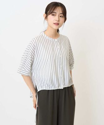 【小さいサイズ】先染めストライプ柄ドロストデザインカットソー／洗える