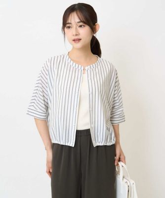 MK MICHEL KLEIN（Women/小さいサイズ）/エムケーミッシェルクラン 【小さいサイズ】先染めストライプ柄ドロストデザインカットソー／洗える
