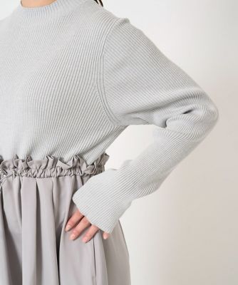 小さいサイズ】ニット×タフタ タックギャザー切替えワンピース／洗える