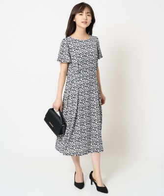 小さいサイズ】ウエストタックジャージーワンピース（幾何柄・無地