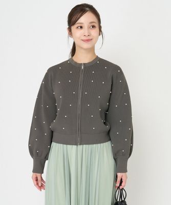 【小さいサイズ】パール調ビーズデザインニットブルゾン／洗える