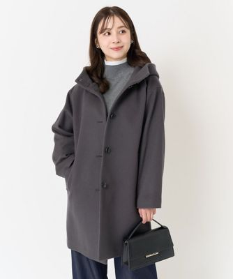 小さいサイズ】Super100sウール ミドル丈フーデットコート