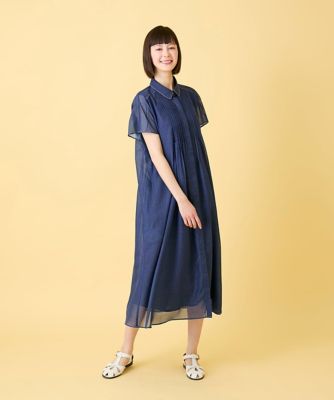 【45R】コットンリネン デニム ビッグワンピース (サイズ0) 小さいサイズ】サテンデニムピンタックデザインワンピース | HIROKO