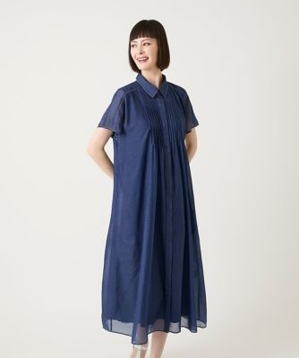 小さいサイズ】サテンデニムピンタックデザインワンピース | HIROKO