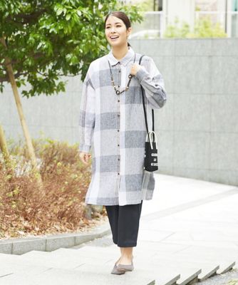 ［洗える］リネンチェックロングシャツブラウス