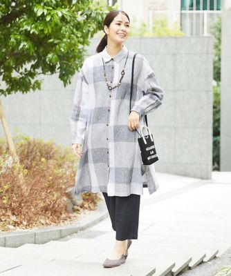 ［洗える］リネンチェックロングシャツブラウス