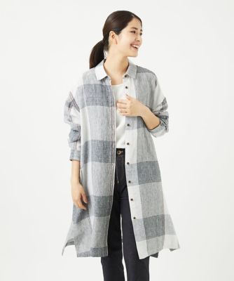 ［洗える］リネンチェックロングシャツブラウス