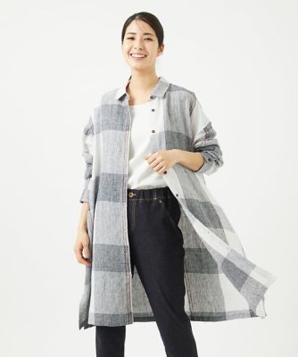 ［洗える］リネンチェックロングシャツブラウス