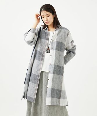 ［洗える］リネンチェックロングシャツブラウス