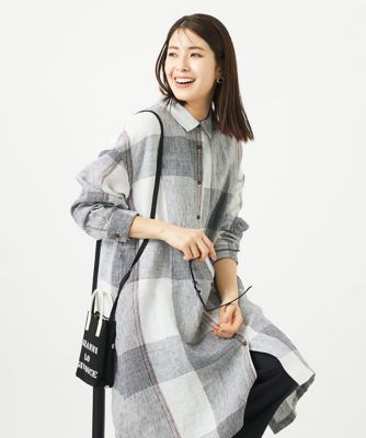 ［洗える］リネンチェックロングシャツブラウス