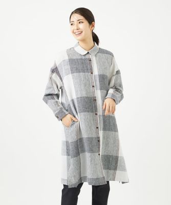 ［洗える］リネンチェックロングシャツブラウス