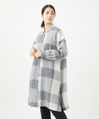 ［洗える］リネンチェックロングシャツブラウス