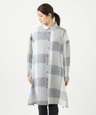 ［洗える］リネンチェックロングシャツブラウス