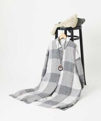［洗える］リネンチェックロングシャツブラウス