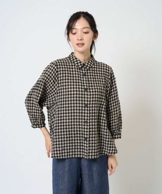 【美品】21ss♦︎ハウスオブロータス リネンシャツ　チェック　ゆったり　オーバー 洗える］リネンコットンギンガムチェックブラウス | GIANNI LO GIUDICE